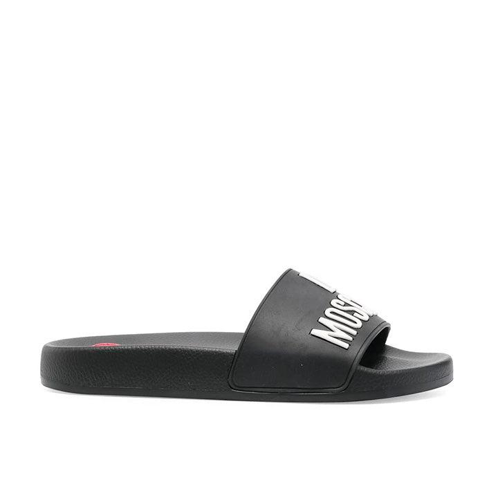 LOVE MOSCHINO LOGO-EMBOSSED BLACK SLIDE - Como Store