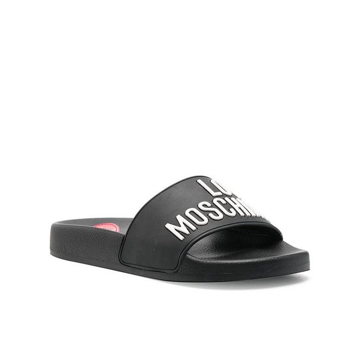 LOVE MOSCHINO LOGO-EMBOSSED BLACK SLIDE - Como Store